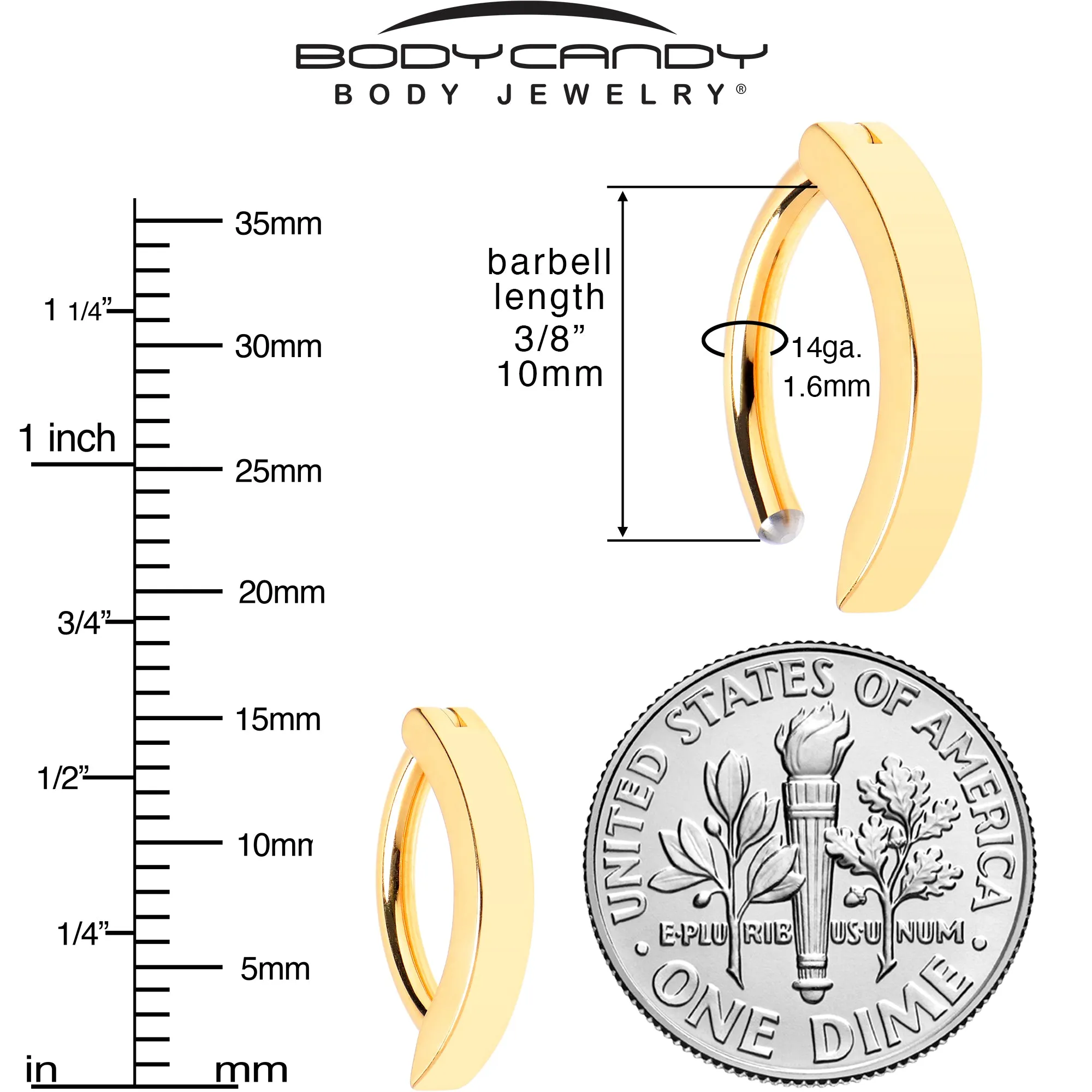 14 Gauge 3/8 Gold Tone 316L Surgical Steel Hinged Hoop Belly Ring