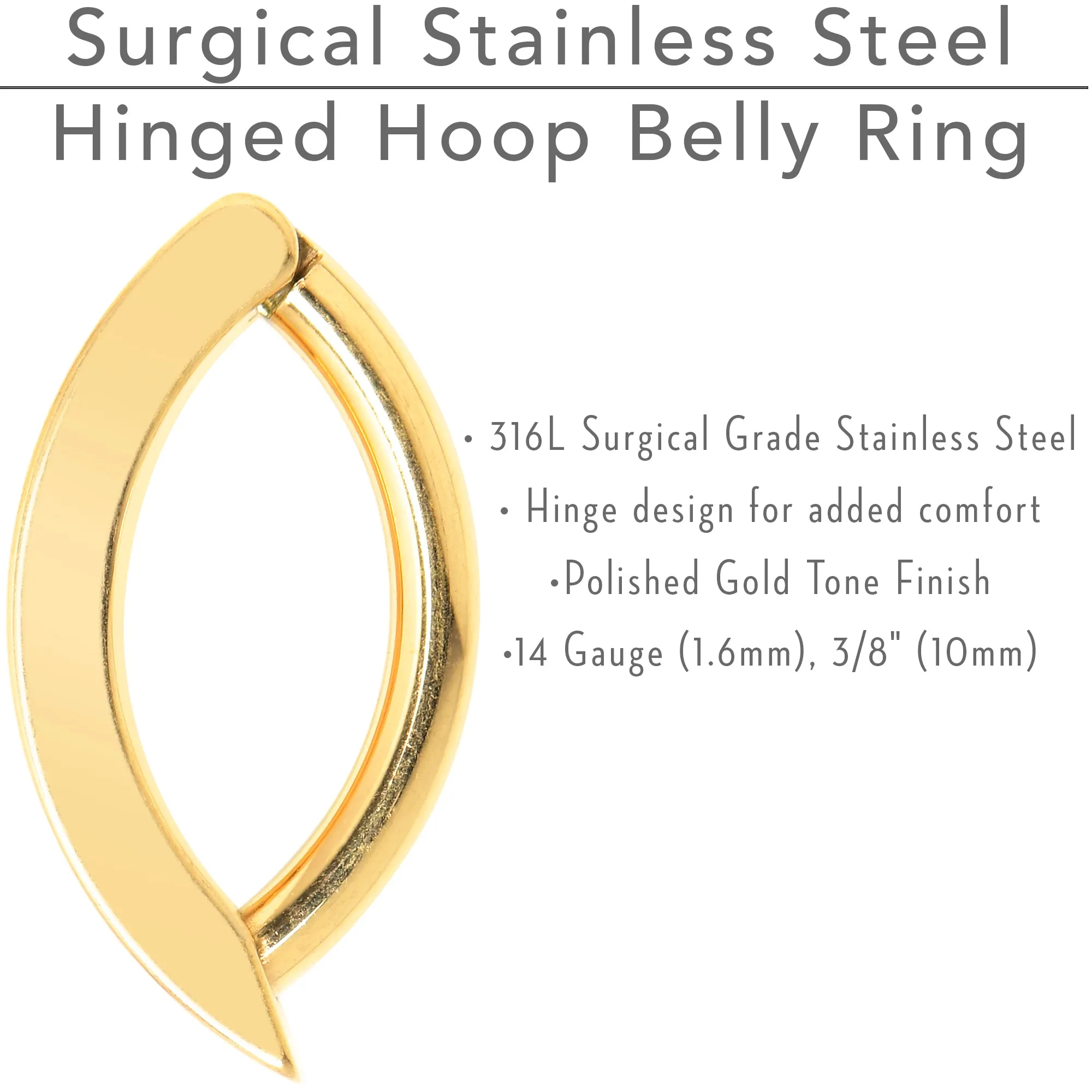 14 Gauge 3/8 Gold Tone 316L Surgical Steel Hinged Hoop Belly Ring