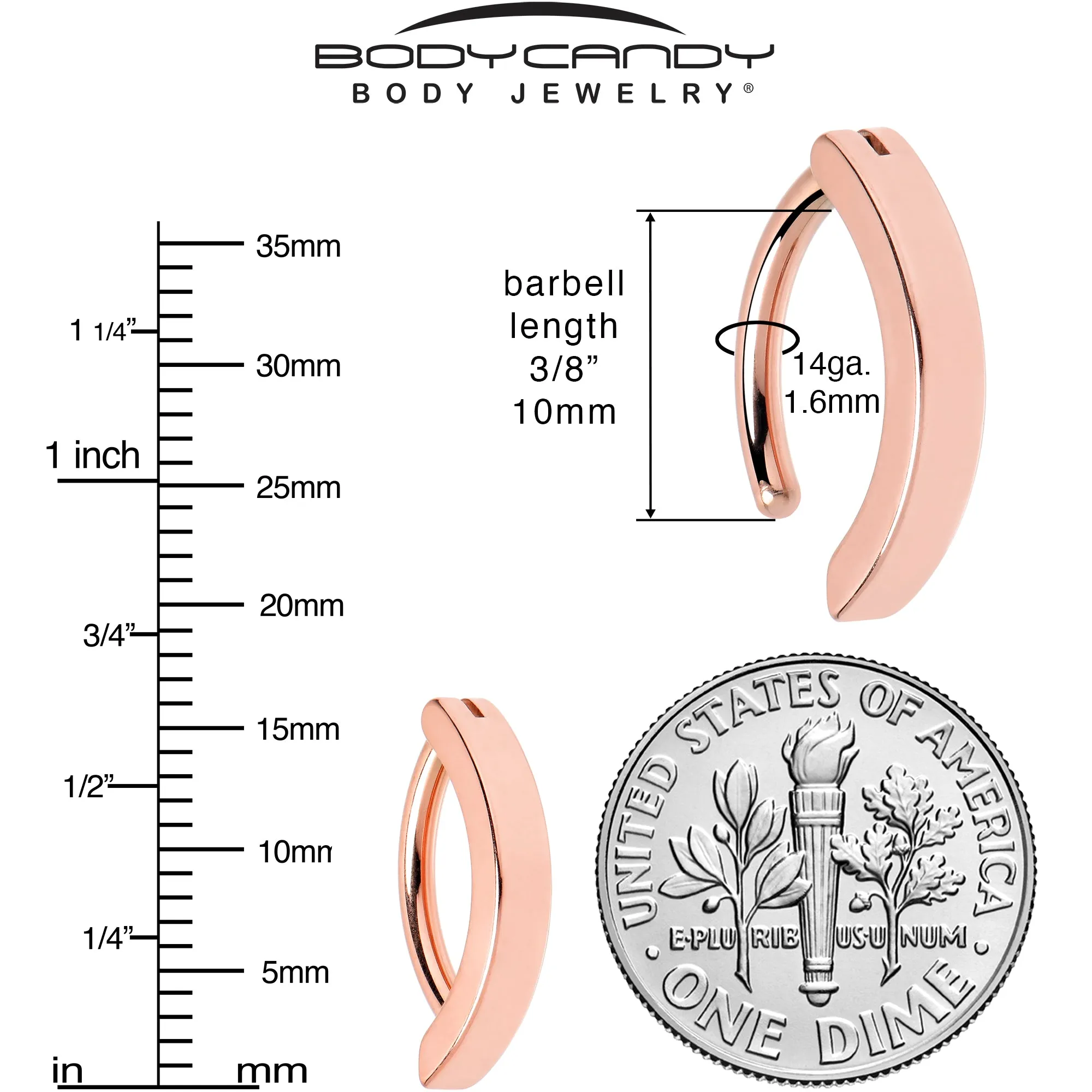 14 Gauge 3/8 Rose Gold Tone 316L Surgical Steel Smooth Style Hinged Hoop Belly Ring