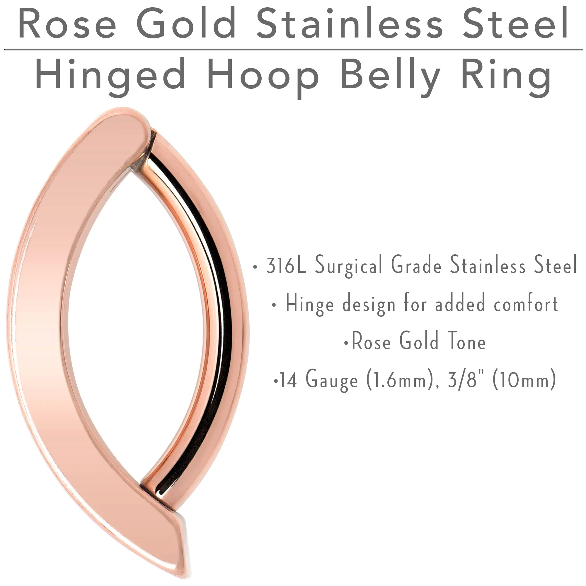 14 Gauge 3/8 Rose Gold Tone 316L Surgical Steel Smooth Style Hinged Hoop Belly Ring