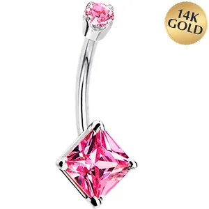 14kt White Gold Pink Cubic Zirconia Princess Belly Ring