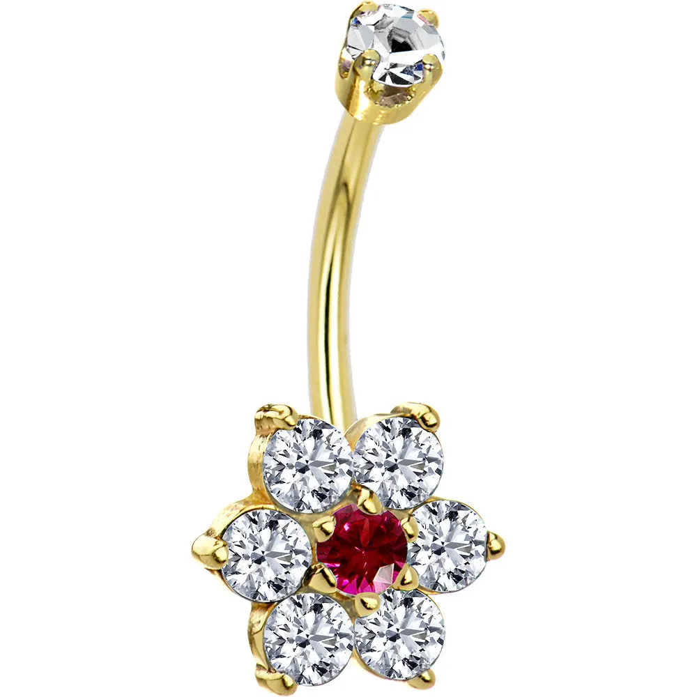 14kt Yellow Gold Clear Red CZ Flower Belly Ring