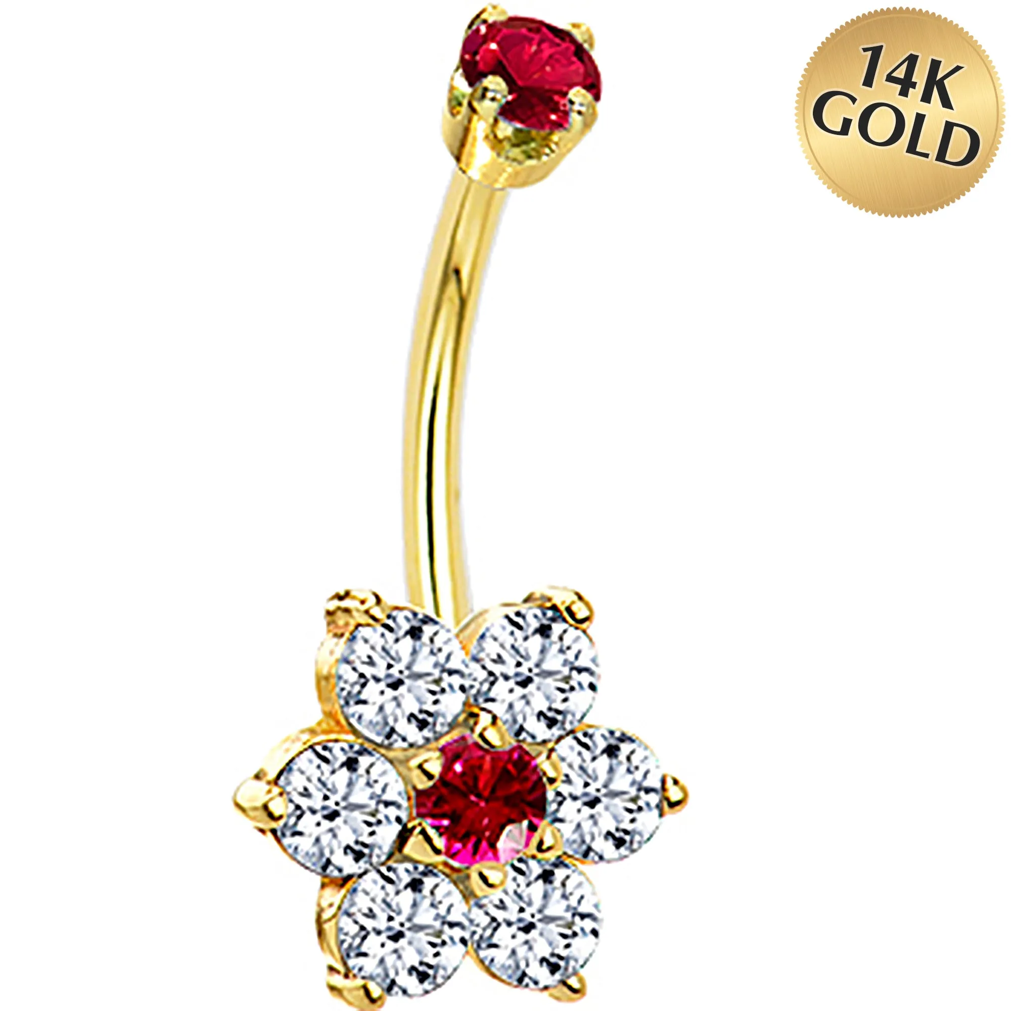 14kt Yellow Gold Clear Red CZ Flower Belly Ring
