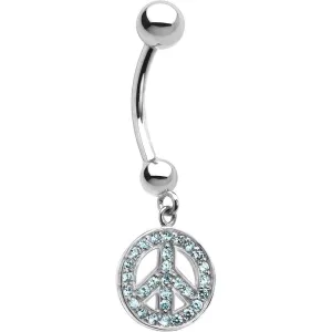 16 Gauge 14kt White Gold  Aqua CZ Peace Sign Belly Ring