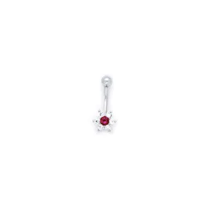 16 Gauge Solid 14kt White Gold Clear Red Cubic Zirconia Flower Belly Ring