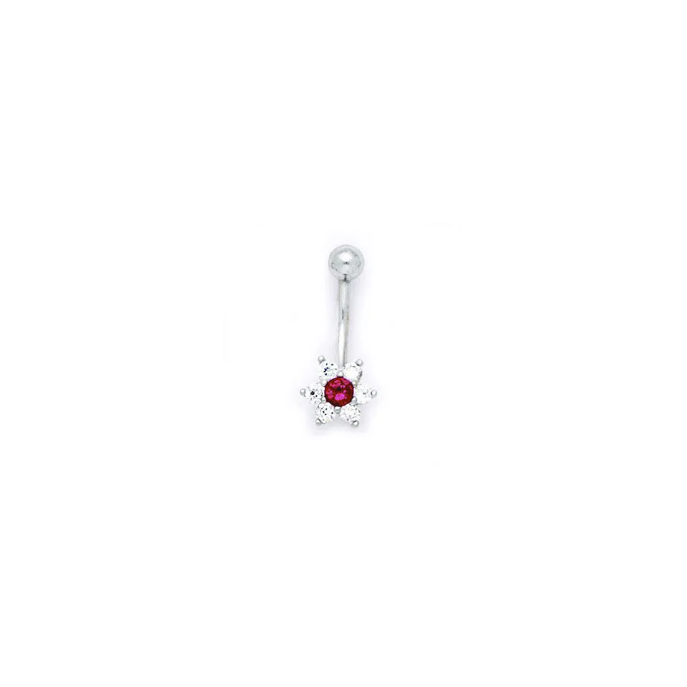 16 Gauge Solid 14kt White Gold Clear Red Cubic Zirconia Flower Belly Ring