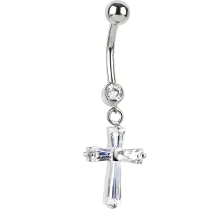 16 Gauge Solid 14kt White Gold Cubic Zirconia Cross Dangle Belly Ring
