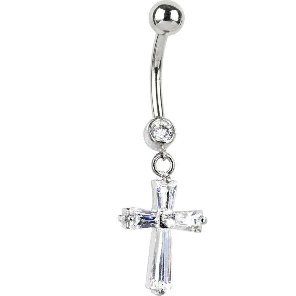 16 Gauge Solid 14kt White Gold Cubic Zirconia Cross Dangle Belly Ring