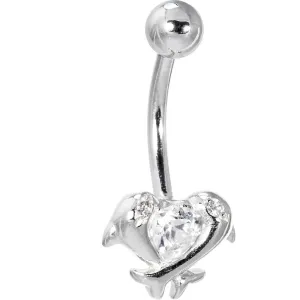 16 Gauge Solid 14kt White Gold Cubic Zirconia Dolphin Kiss Belly Ring