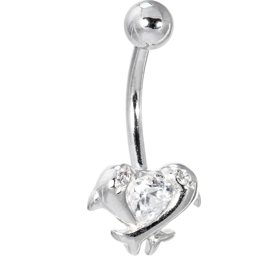 16 Gauge Solid 14kt White Gold Cubic Zirconia Dolphin Kiss Belly Ring
