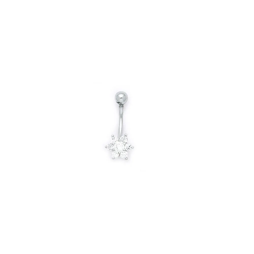 16 Gauge Solid 14kt White Gold Cubic Zirconia Flower Belly Ring