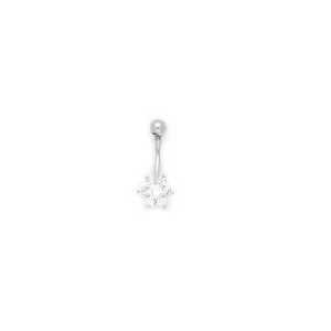 16 Gauge Solid 14kt White Gold Cubic Zirconia Flower Belly Ring