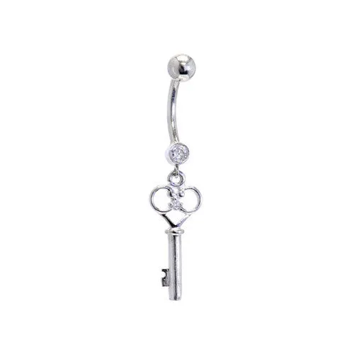 16 Gauge Solid 14KT White Gold Cubic Zirconia SKELETON KEY Belly Ring.