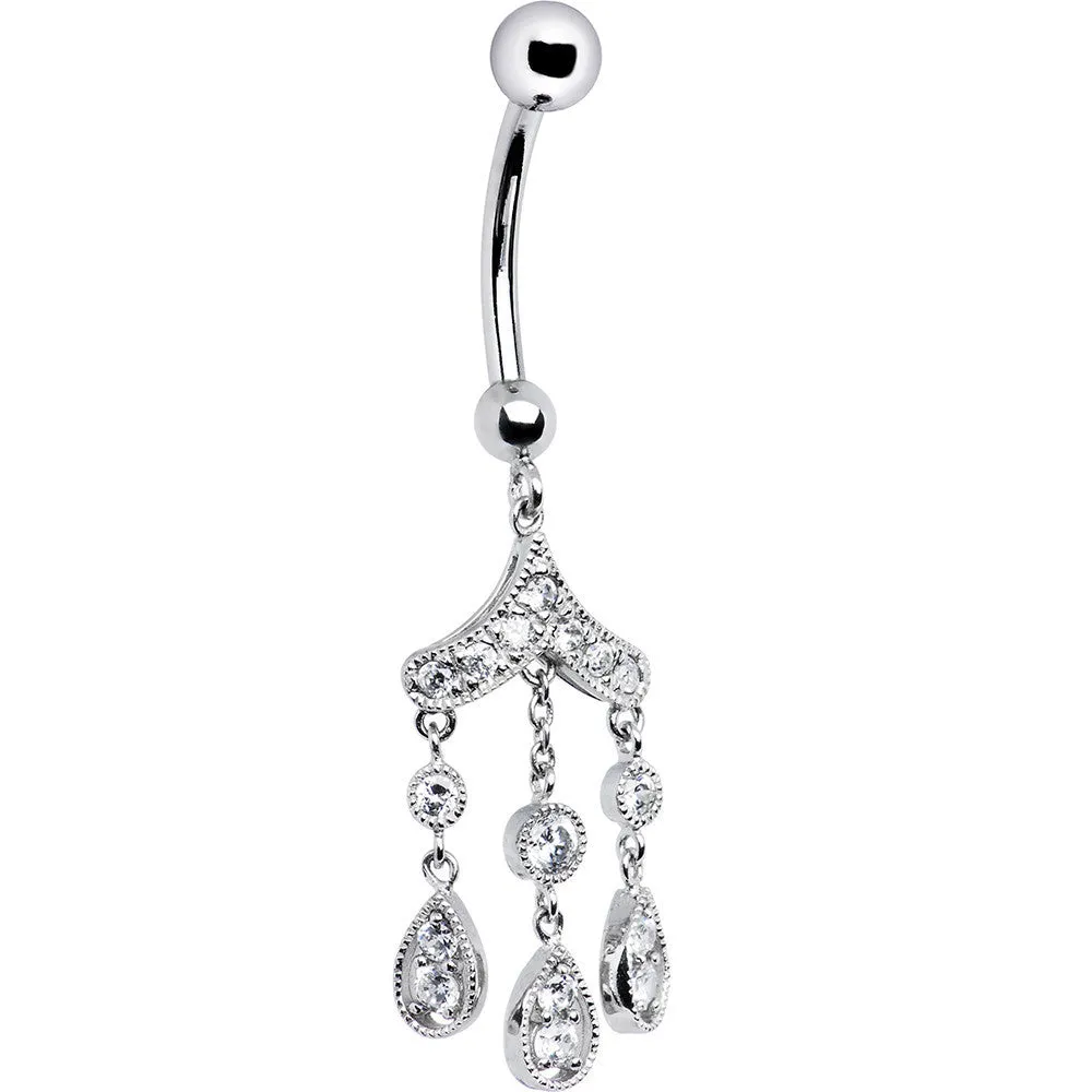 16 Gauge Solid 14KT White Gold CZ Gem Chandelier Dangle Belly Ring