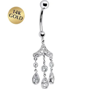 16 Gauge Solid 14KT White Gold CZ Gem Chandelier Dangle Belly Ring