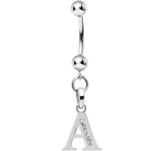 16 Gauge Solid 14kt White Gold CZ Initial A Belly Ring