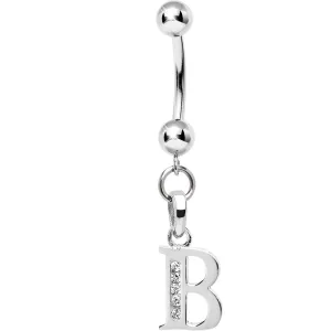 16 Gauge Solid 14kt White Gold CZ Initial B Belly Ring