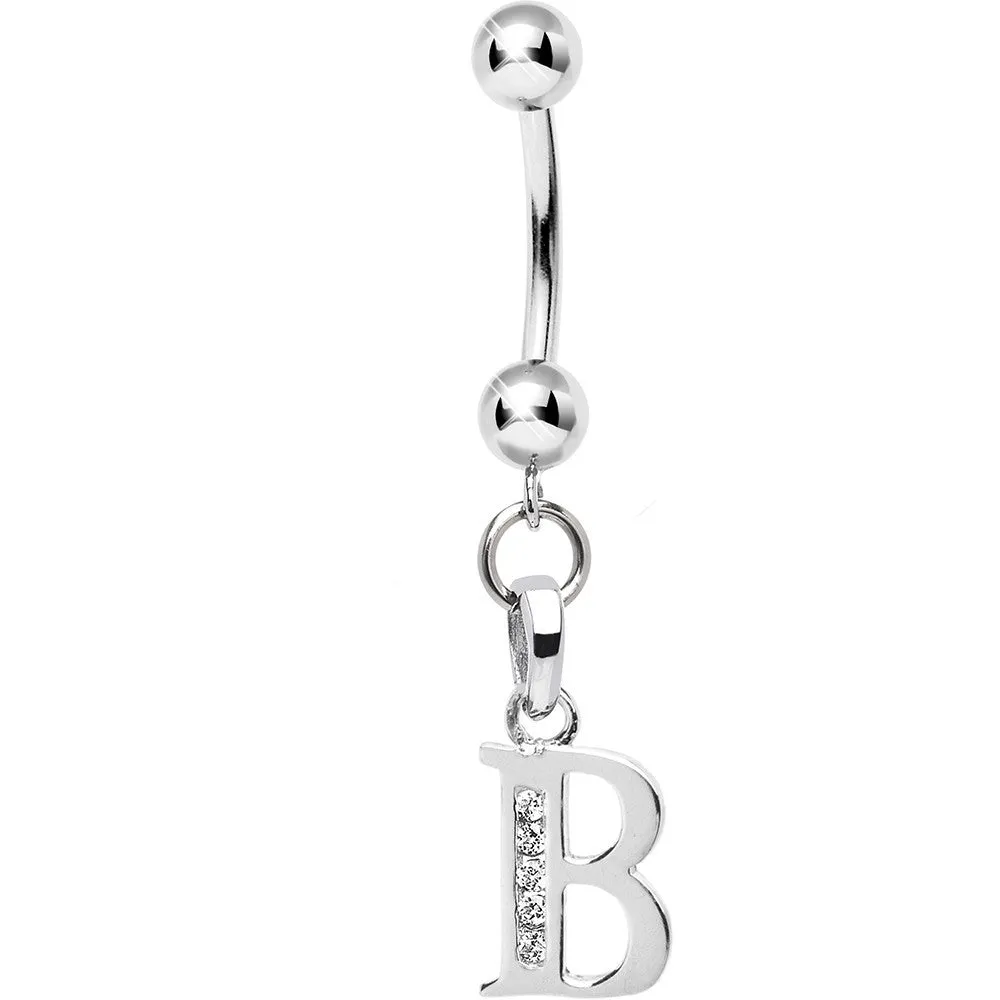 16 Gauge Solid 14kt White Gold CZ Initial B Belly Ring