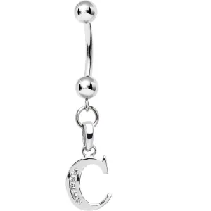 16 Gauge Solid 14kt White Gold CZ Initial C Belly Ring