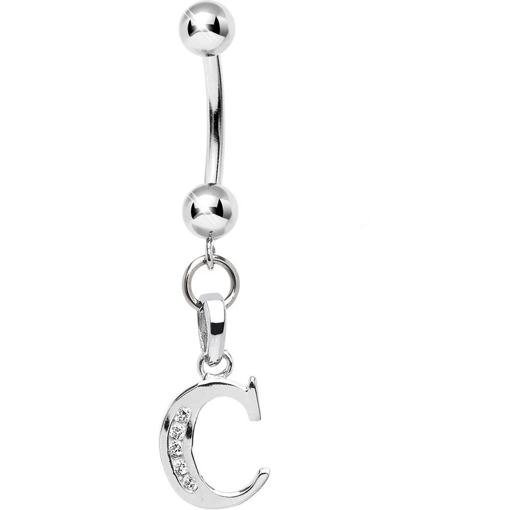 16 Gauge Solid 14kt White Gold CZ Initial C Belly Ring