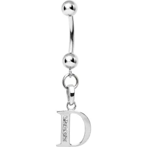 16 Gauge Solid 14kt White Gold CZ Initial D Belly Ring