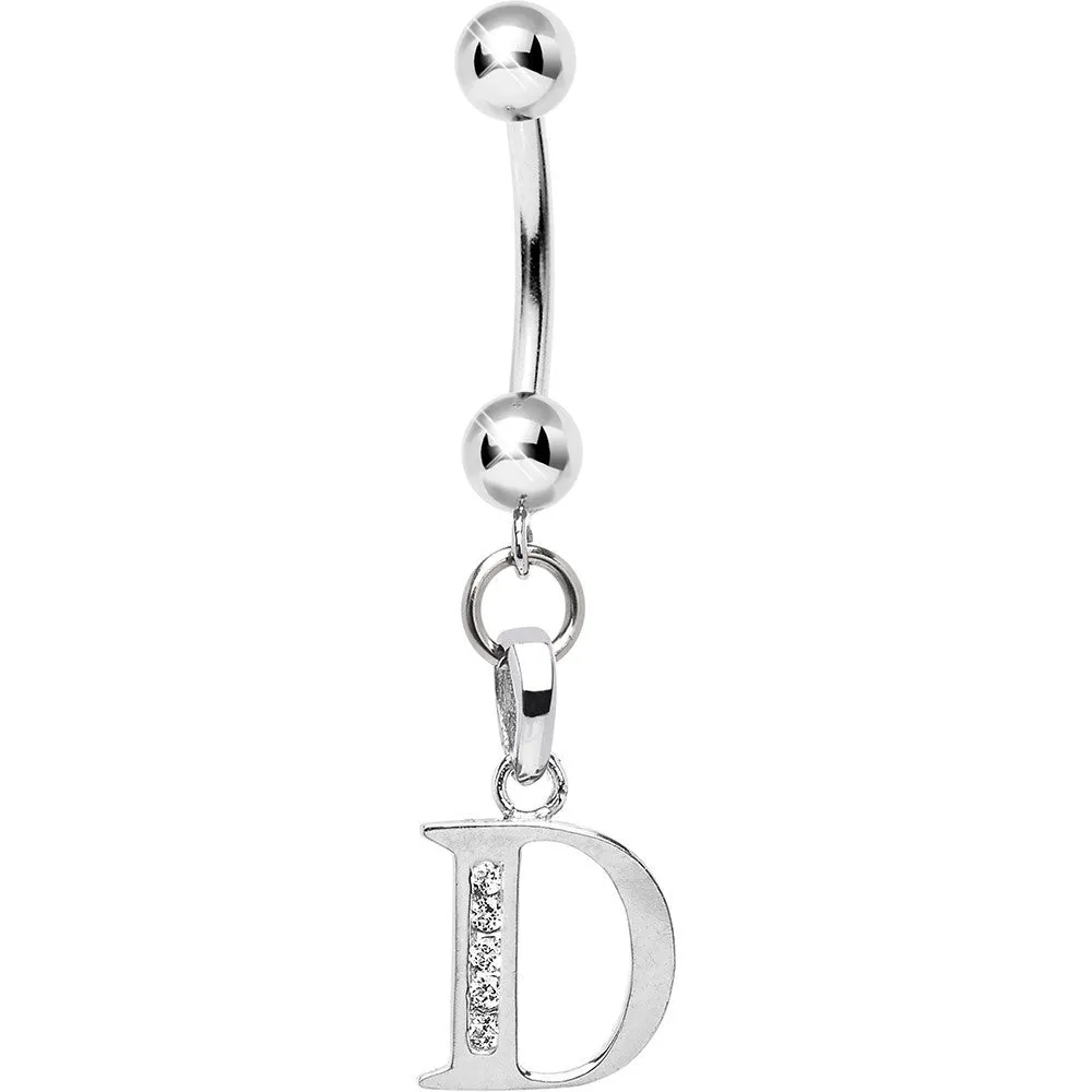 16 Gauge Solid 14kt White Gold CZ Initial D Belly Ring