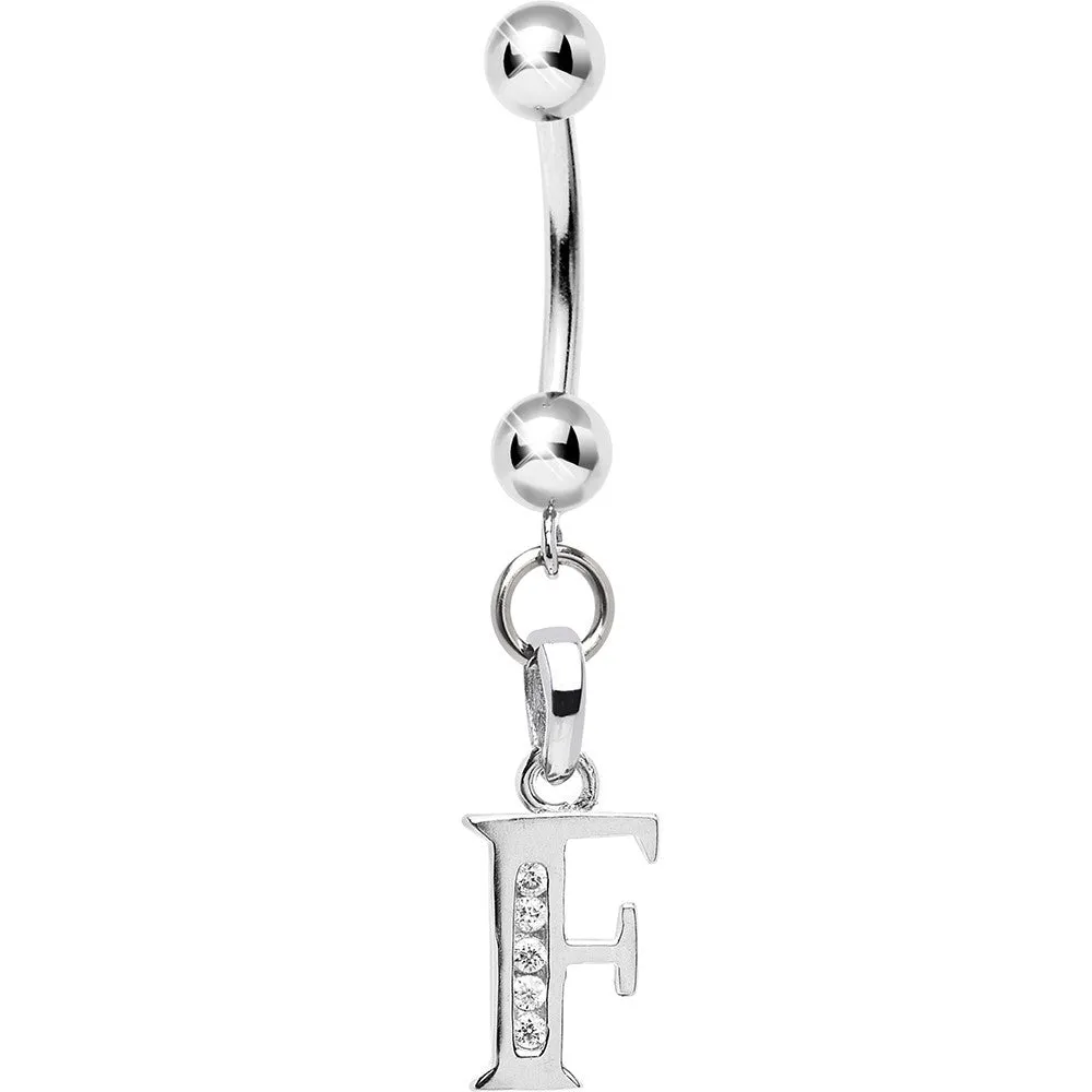 16 Gauge Solid 14kt White Gold CZ Initial F Belly Ring
