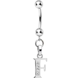 16 Gauge Solid 14kt White Gold CZ Initial F Belly Ring