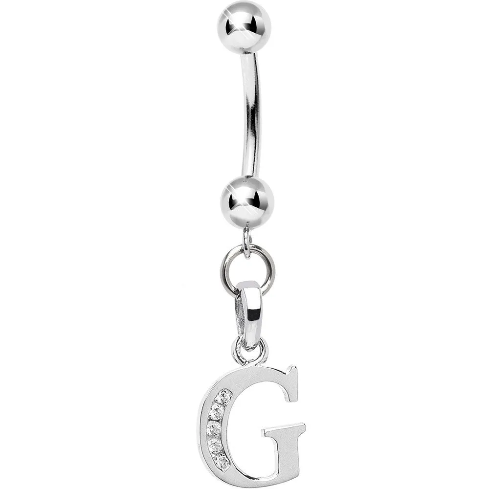 16 Gauge Solid 14kt White Gold CZ Initial G Belly Ring