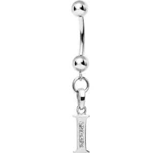 16 Gauge Solid 14kt White Gold CZ Initial I Belly Ring