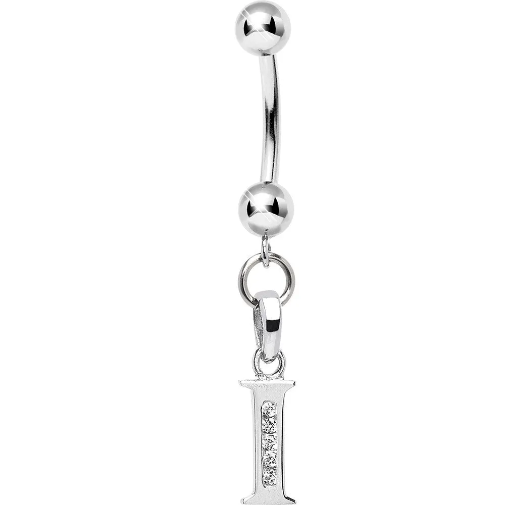 16 Gauge Solid 14kt White Gold CZ Initial I Belly Ring