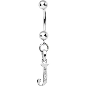 16 Gauge Solid 14kt White Gold CZ Initial J Belly Ring
