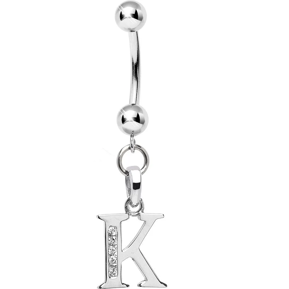 16 Gauge Solid 14kt White Gold CZ Initial K Belly Ring