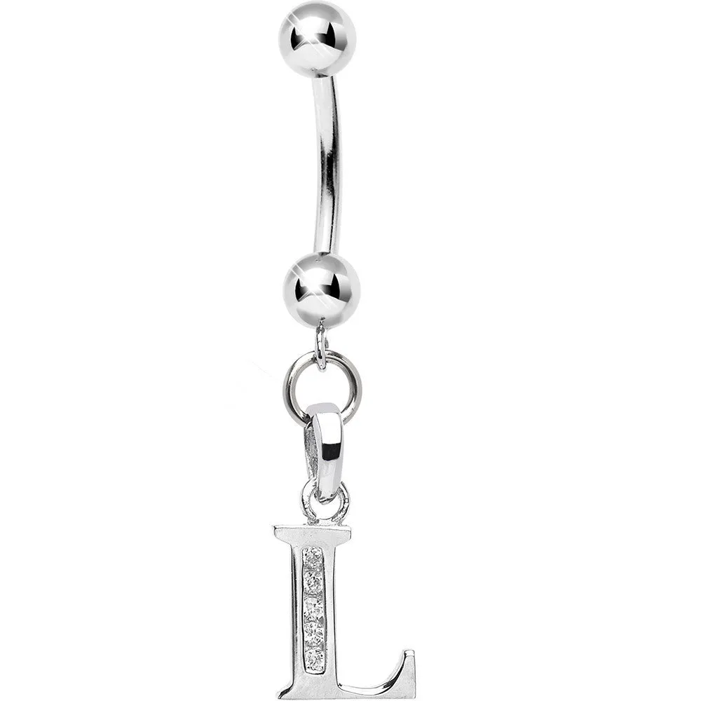 16 Gauge Solid 14kt White Gold CZ Initial L Belly Ring