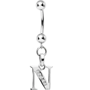 16 Gauge Solid 14kt White Gold CZ Initial N Belly Ring