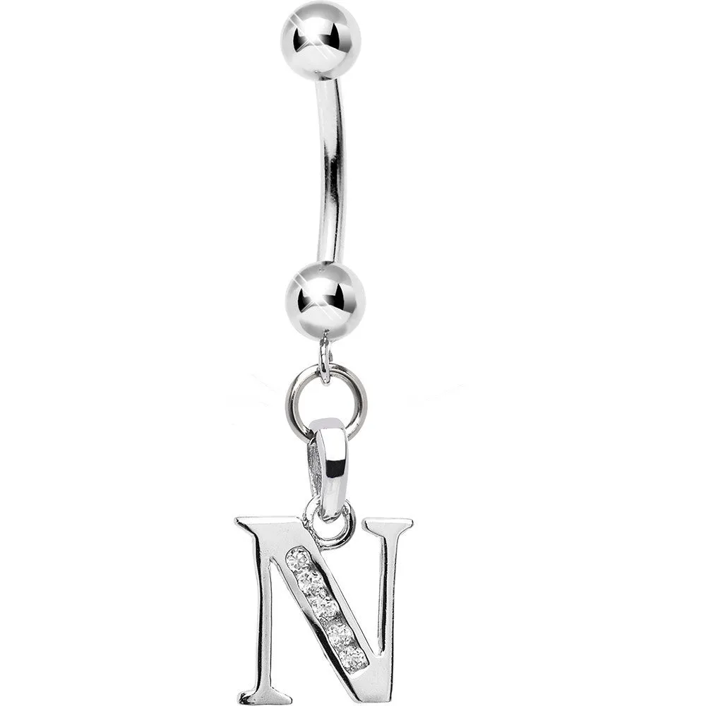 16 Gauge Solid 14kt White Gold CZ Initial N Belly Ring
