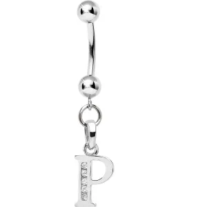 16 Gauge Solid 14kt White Gold CZ Initial P Belly Ring
