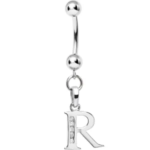 16 Gauge Solid 14kt White Gold CZ Initial R Belly Ring