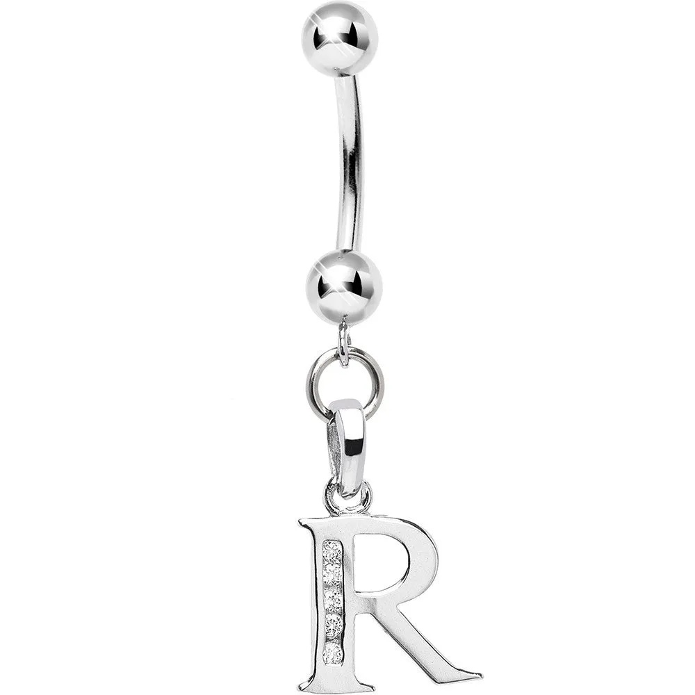 16 Gauge Solid 14kt White Gold CZ Initial R Belly Ring