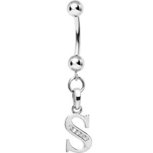 16 Gauge Solid 14kt White Gold CZ Initial S Belly Ring