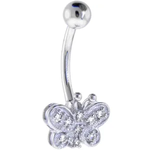 16 Gauge Solid 14KT White Gold Genuine Diamond BUTTERFLY Belly Ring
