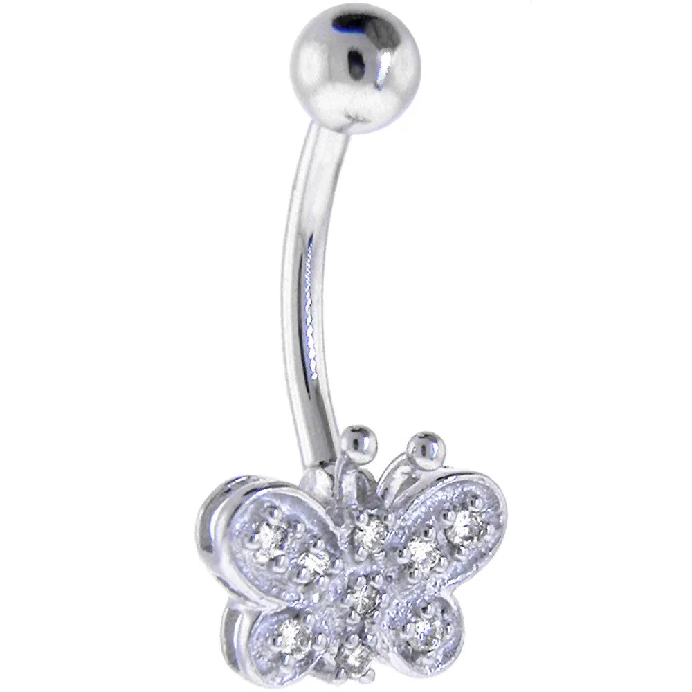 16 Gauge Solid 14KT White Gold Genuine Diamond BUTTERFLY Belly Ring