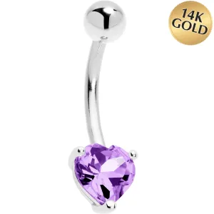 16 Gauge Solid 14KT White Gold Genuine Light Amethyst Heart Solitaire Belly Ring