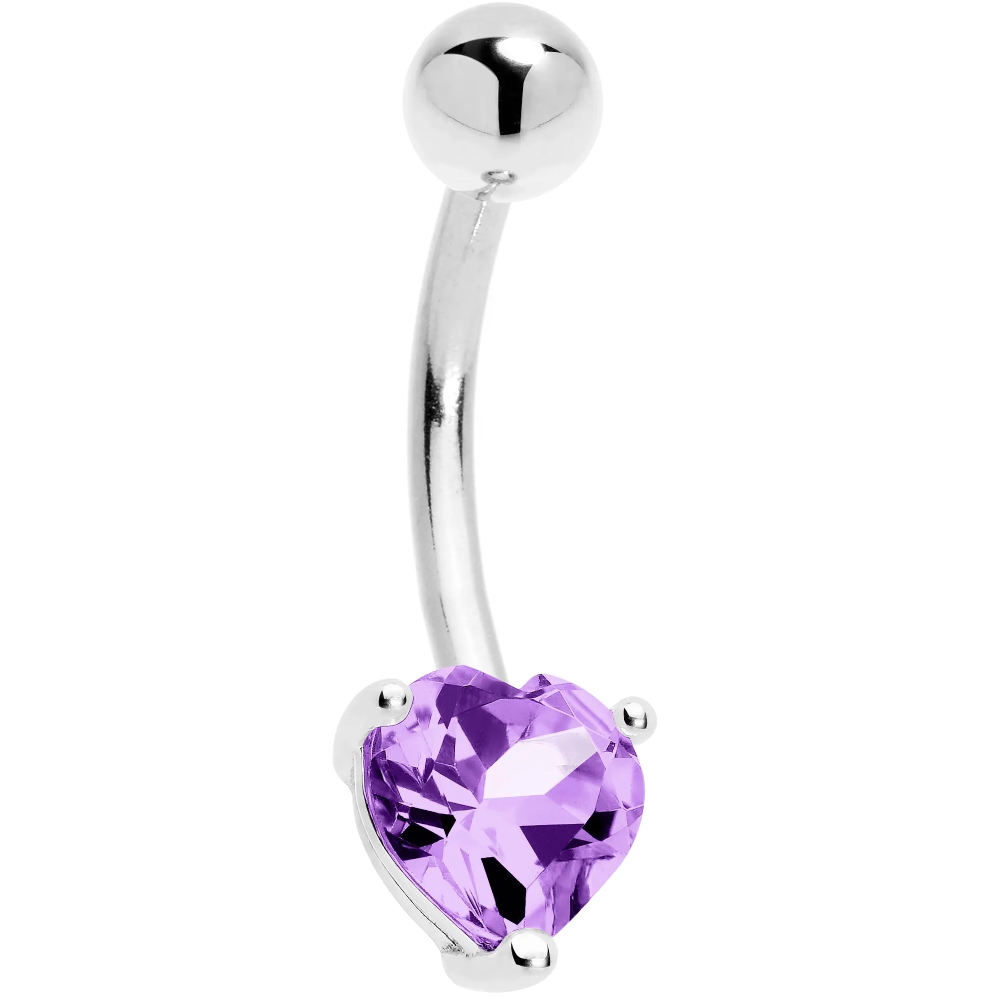 16 Gauge Solid 14KT White Gold Genuine Light Amethyst Heart Solitaire Belly Ring