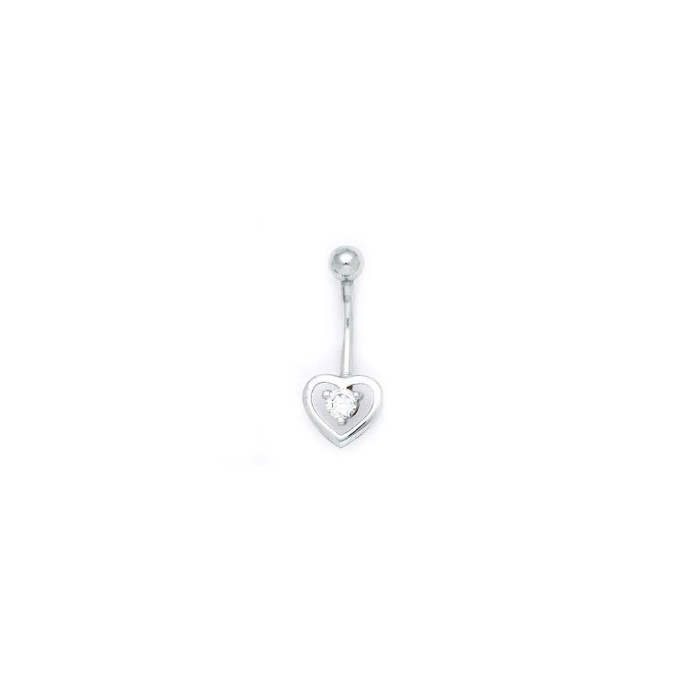 16 Gauge Solid 14kt White Gold Zirconia Hollow Heart Belly Ring