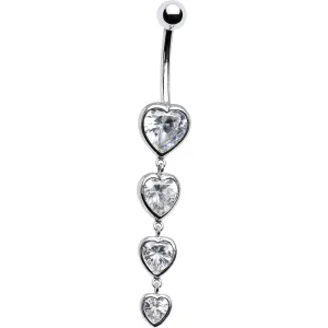 16 Gauge Solid 14kt White Gold Zirconia Quadruplet Heart Belly Ring