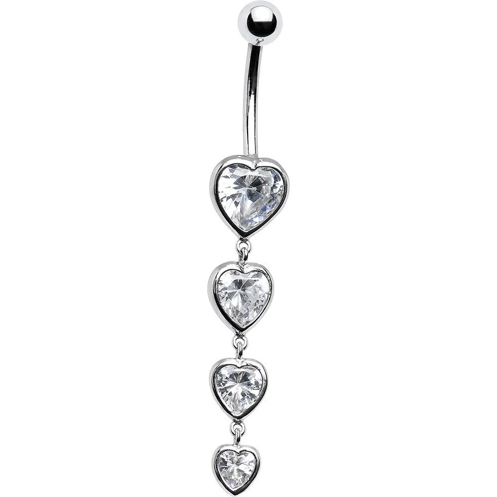 16 Gauge Solid 14kt White Gold Zirconia Quadruplet Heart Belly Ring