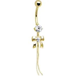16 Gauge Solid 14kt Yellow Gold Cubic Zirconia Bow Belly Ring