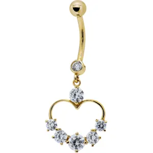 16 Gauge Solid 14kt Yellow Gold Cubic Zirconia Classy Heart Belly Ring