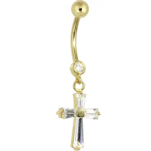 16 Gauge Solid 14kt Yellow Gold Cubic Zirconia Cross Dangle Belly Ring